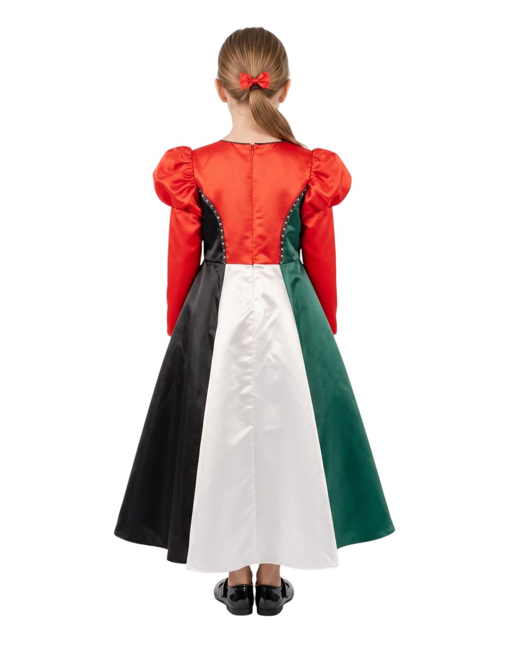 Bidani - Girls' Palestine Flag Inspired Satin Gown With Puff Sleeves - Multicolor