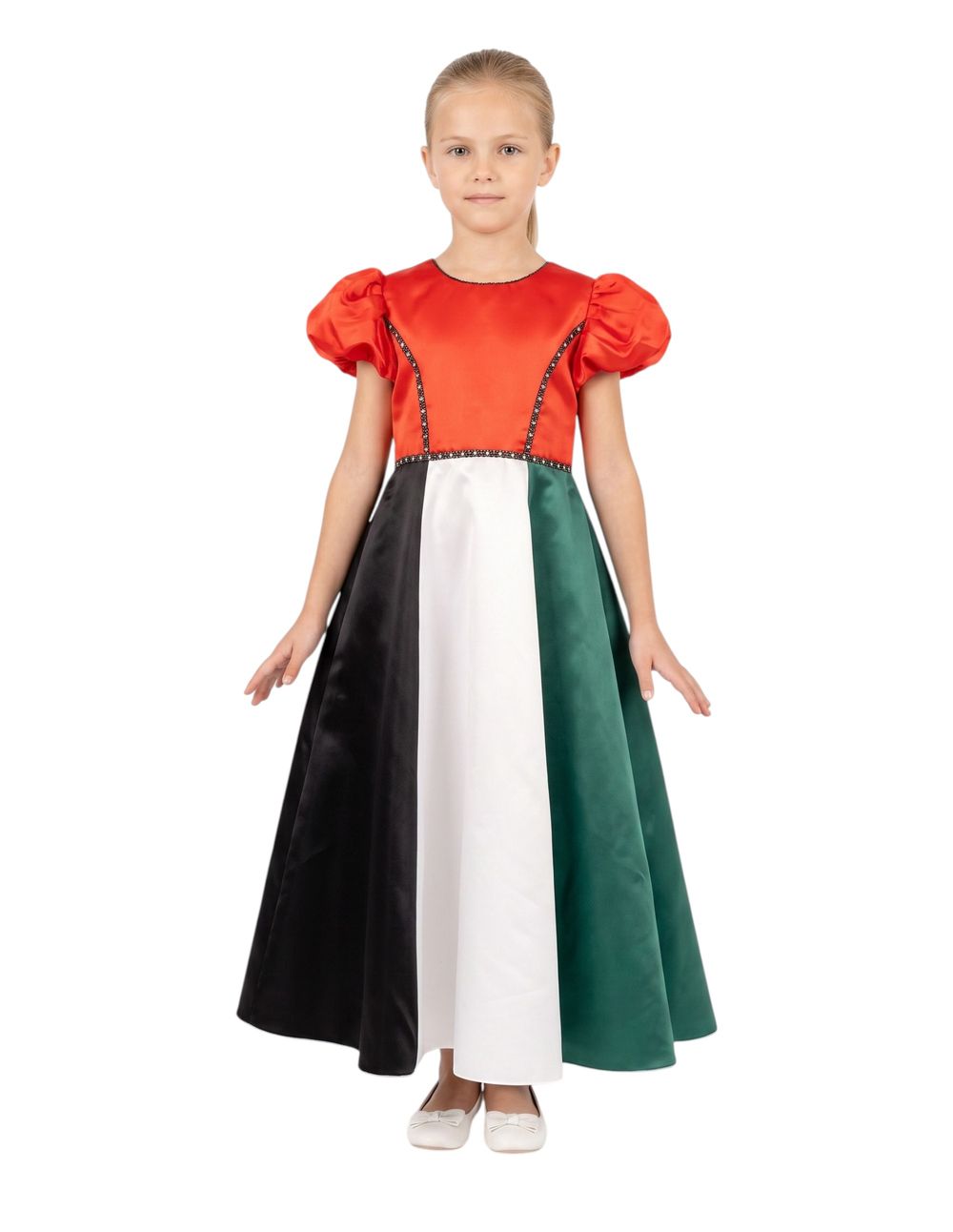 Bidani - Little Patriot UAE Flag Puff-sleeve Satin Celebration Gown - Multicolor