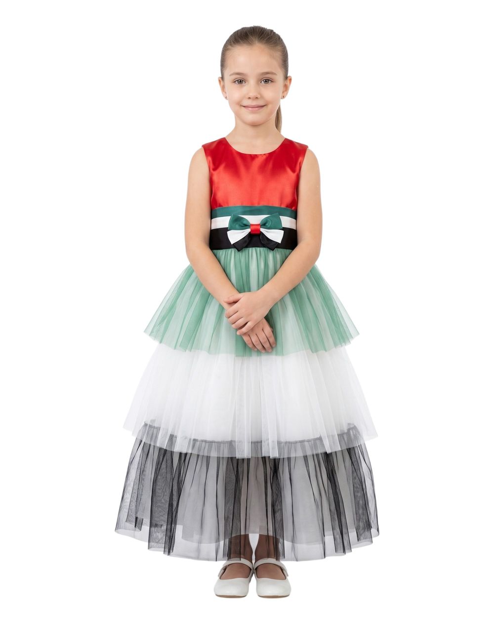 Bidani - Girls' UAE National Day Ball Gown With Tricolor Tulle Skirt & Bow Sash - Multicolor