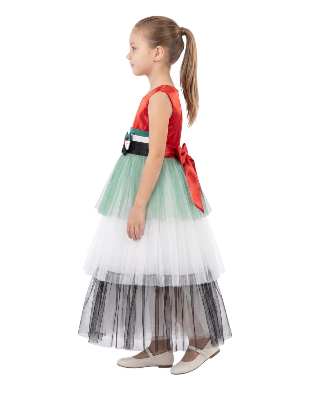 Bidani - Girls' UAE National Day Ball Gown With Tricolor Tulle Skirt & Bow Sash - Multicolor