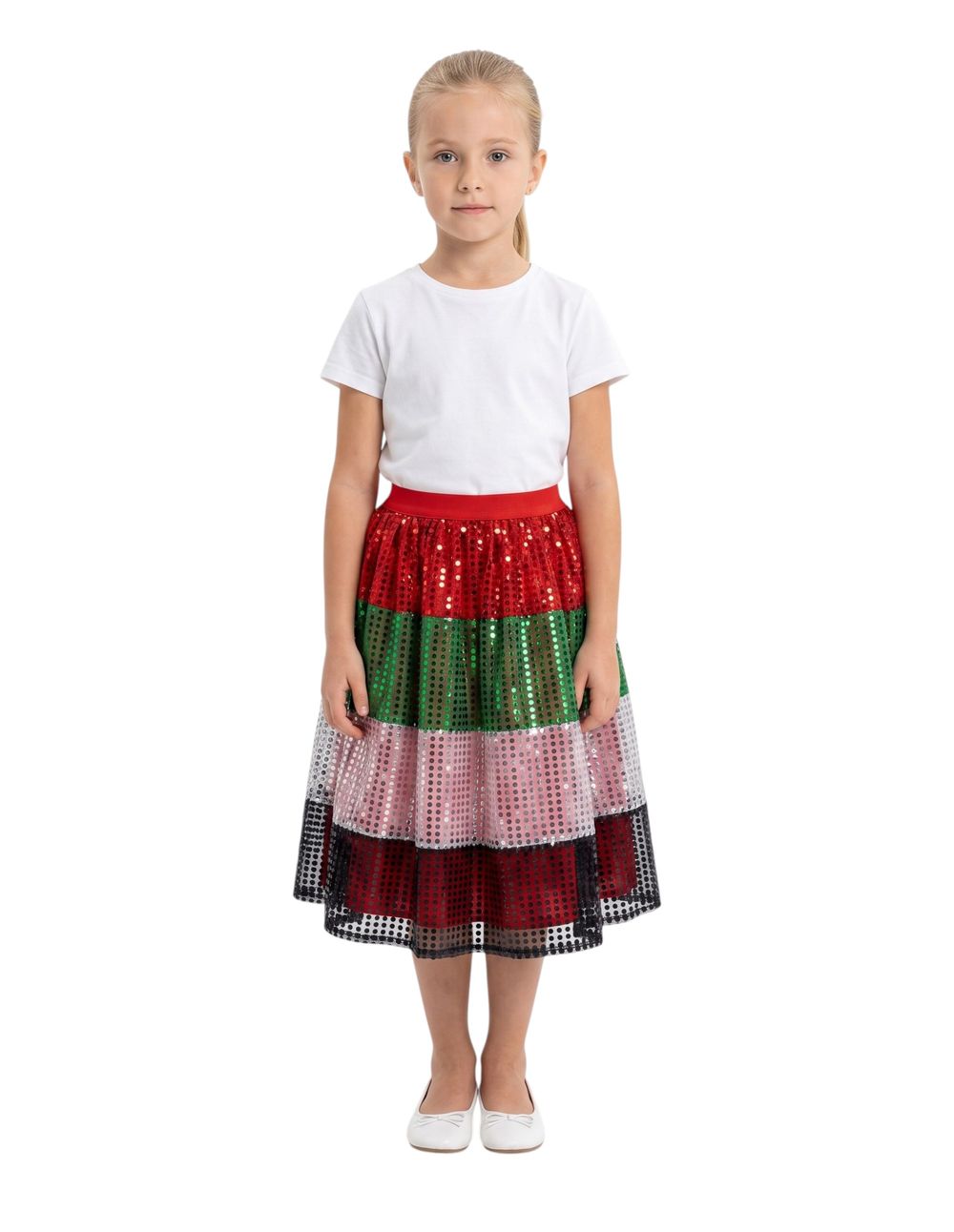 Bidani - Girls' UAE National Day All-over Sequin Flag Color Tiered Midi Skirt - Multicolor