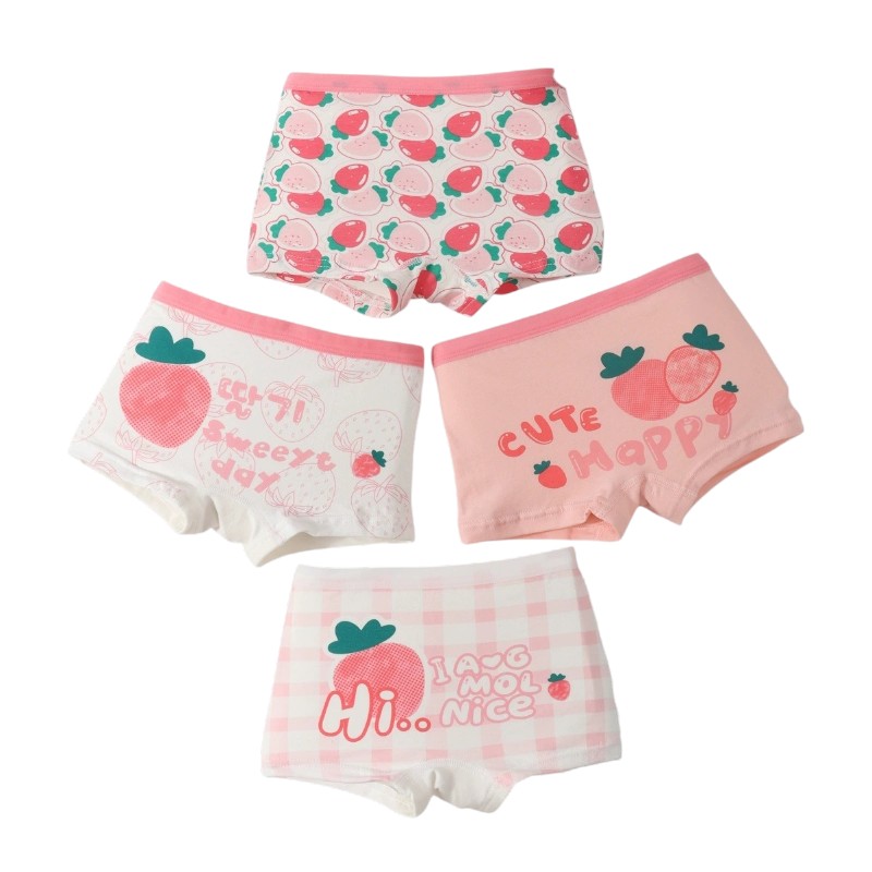 Bidani - 4pc-Set - Girl's Strawberry Printed Soft Comfort Panties - Pink/White