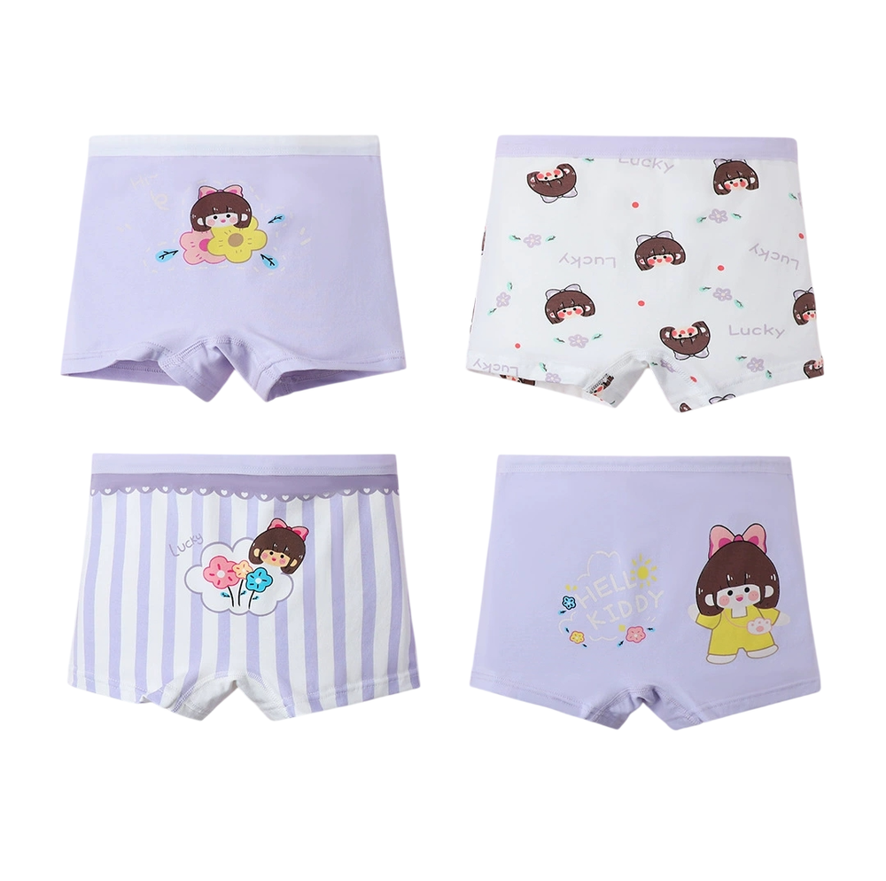 Bidani - 4pc-Set - Girl's Printed Boxer Style Soft Comfort Panties - Purple/White