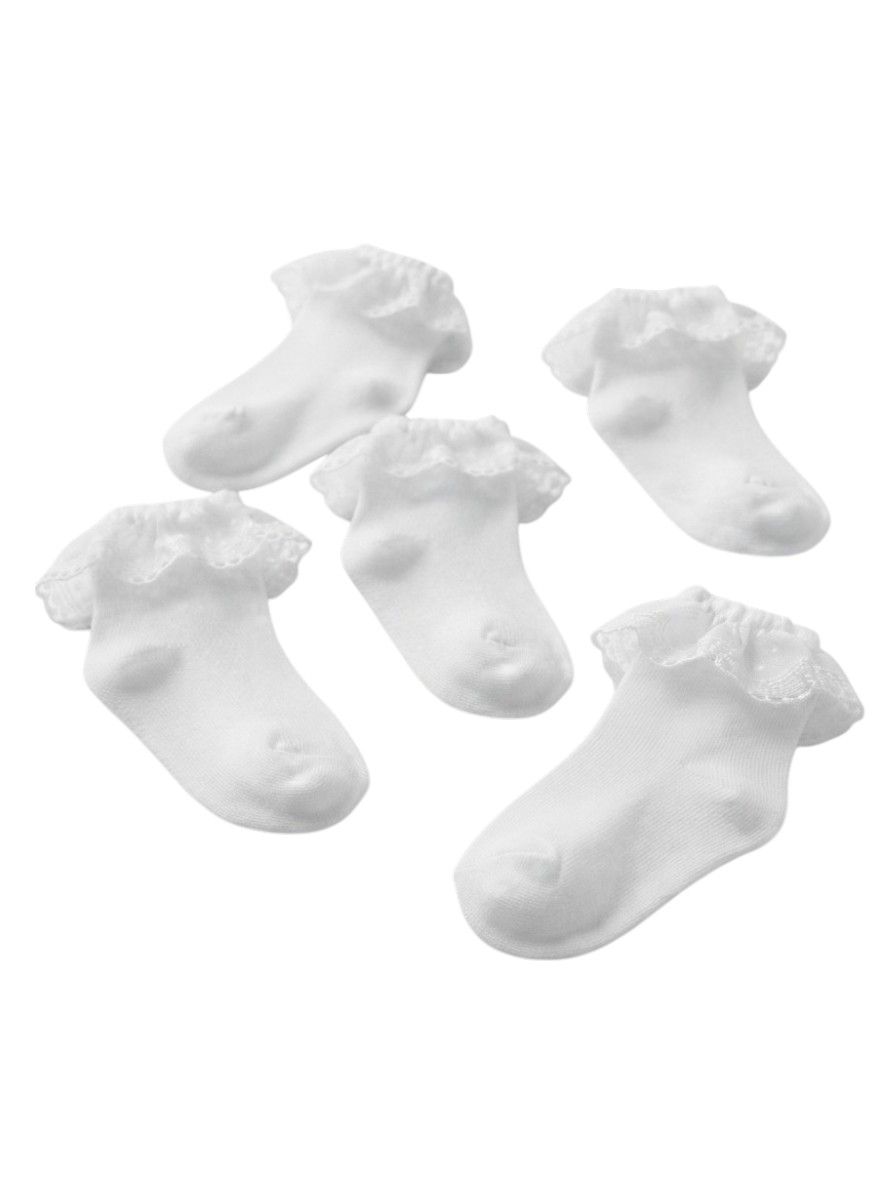 Bidani - 5pc-Set - Girl Eyelet Lace Ruffle Ankle Socks - White