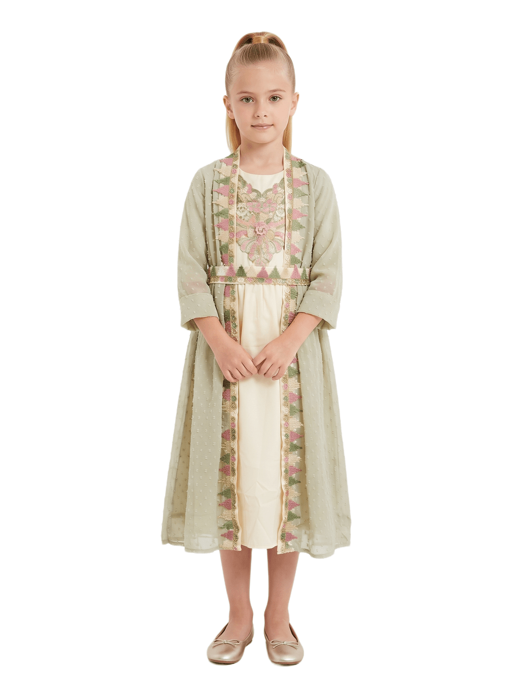 Bidani - Girl's Yasmin Floral Embroidered Kaftan Jalabiya - Olive