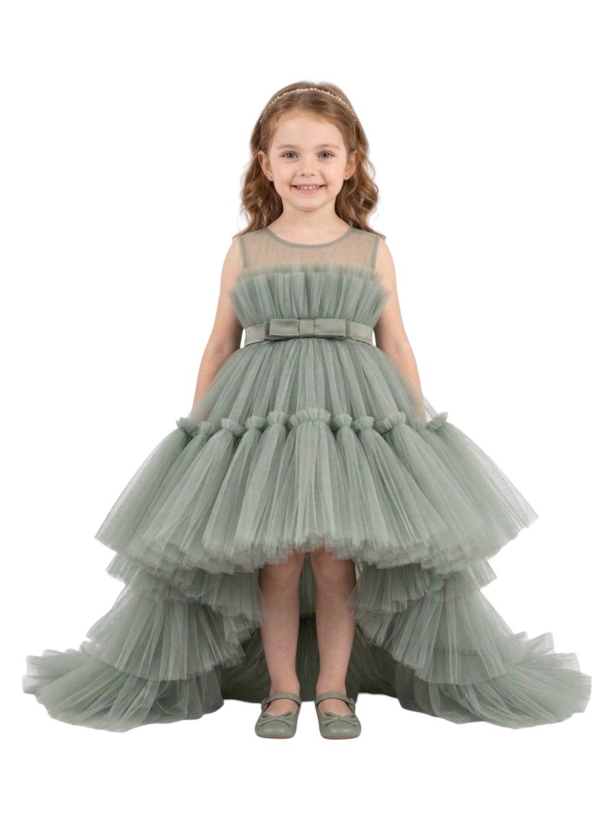 Bidani Sleeveless Ruffled Mesh Party Dress with Bow Belt Olive - Green