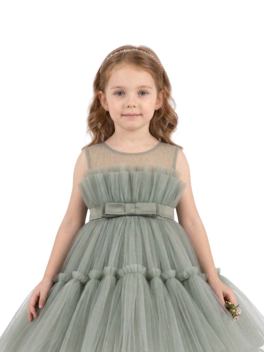 Bidani Sleeveless Ruffled Mesh Party Dress with Bow Belt Olive - Green