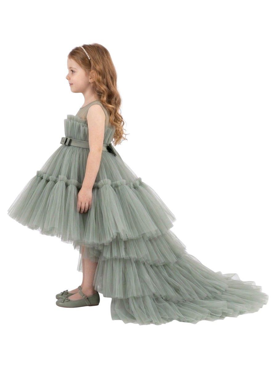 Bidani Sleeveless Ruffled Mesh Party Dress with Bow Belt Olive - Green