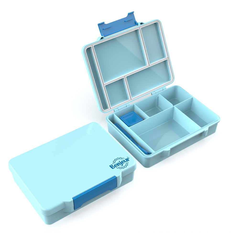 Bonjour - 6-Compartment Tiff Lite Bento Lunch Box With Cutlery - Blue - 4 Pcs
