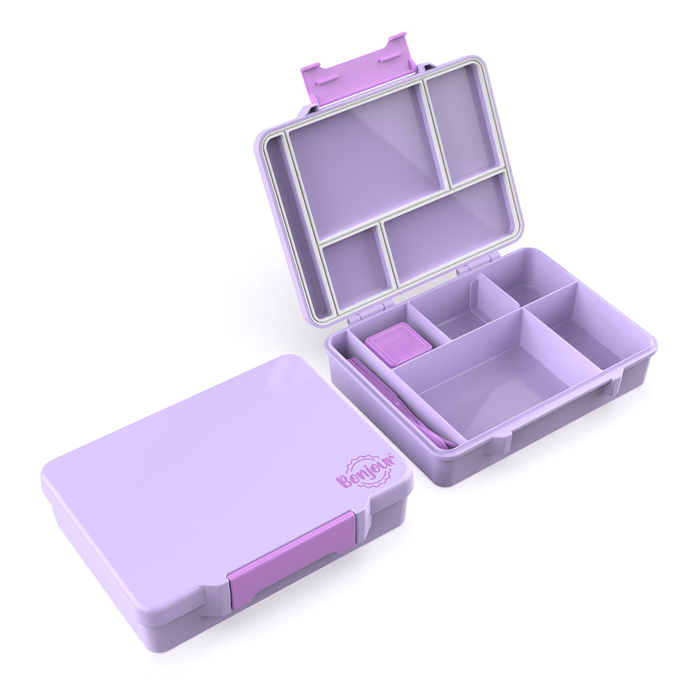 Bonjour - 6-Compartment Tiff Lite Bento Lunch Box With Cutlery - Purple - 4 Pcs