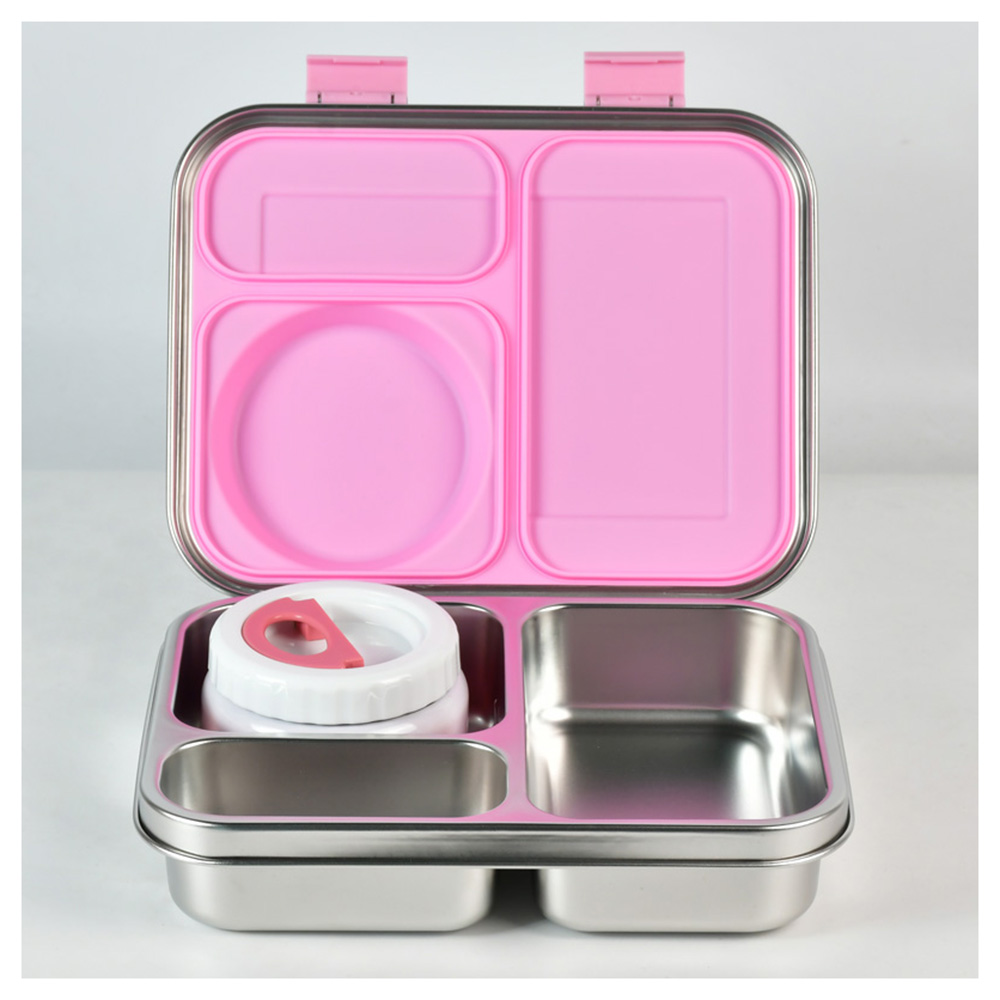 Bonjour - 3-Compartment Insulated Mini Lunch Box With Food Jar - Pink - 2 Pcs