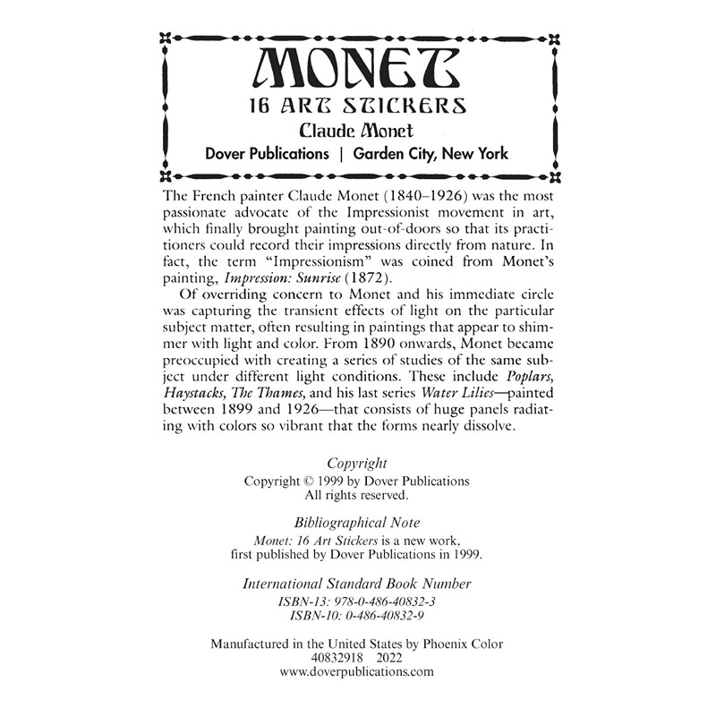 Monet: 16 Art Stickers Book