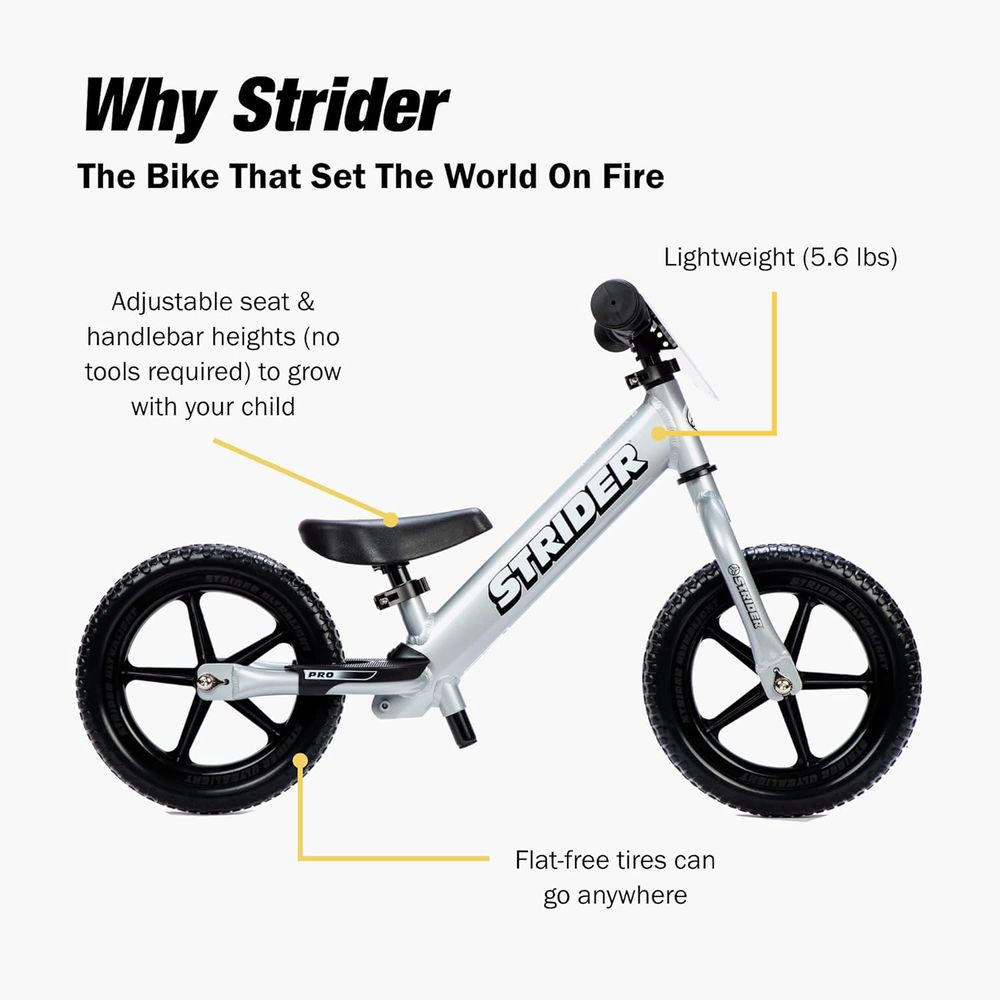 Strider - 12" Pro Balance - Ultra Lightweight Fast Racing Children's Bike - Silver