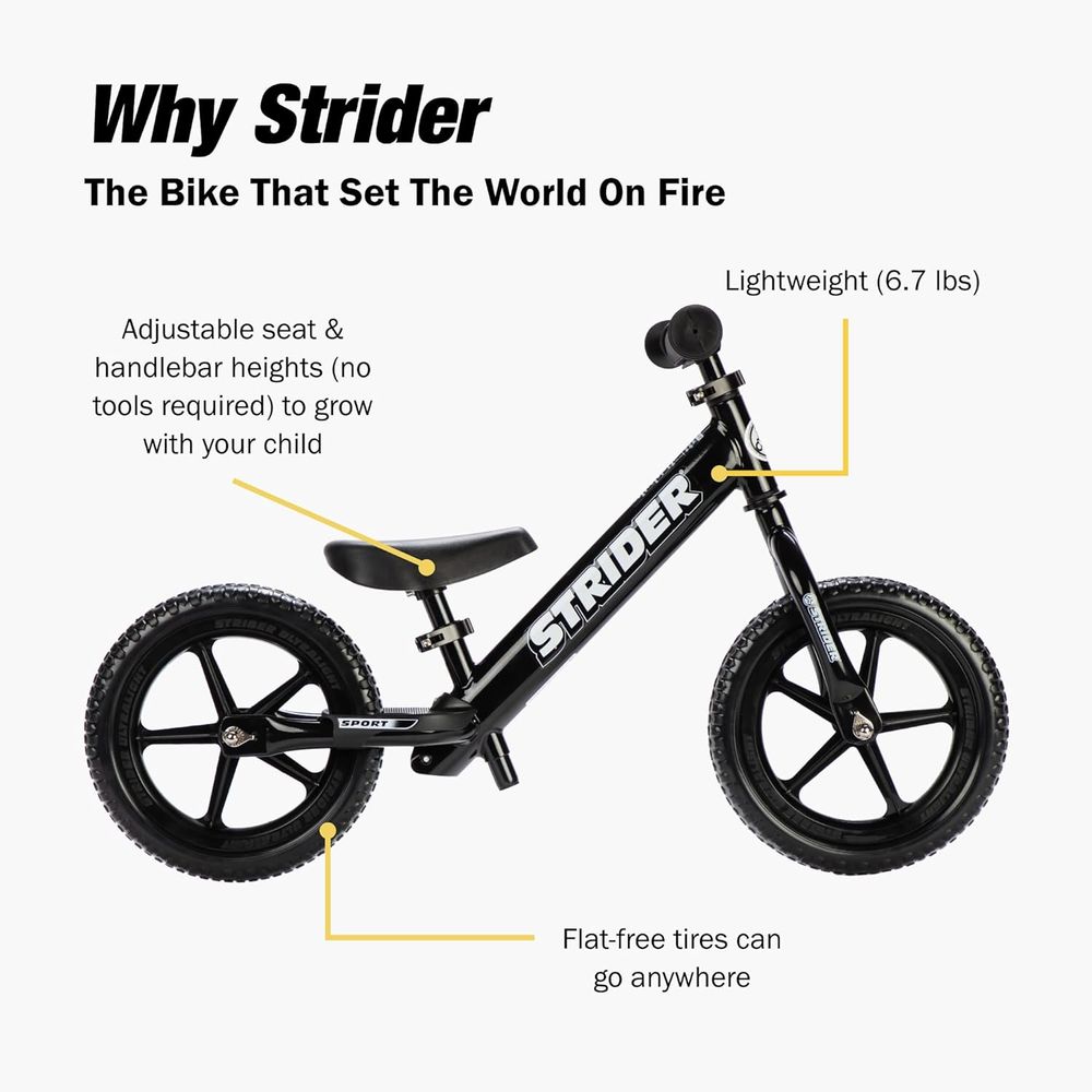 Strider - 12” Sport No Pedal Balance Bicycle - Black
