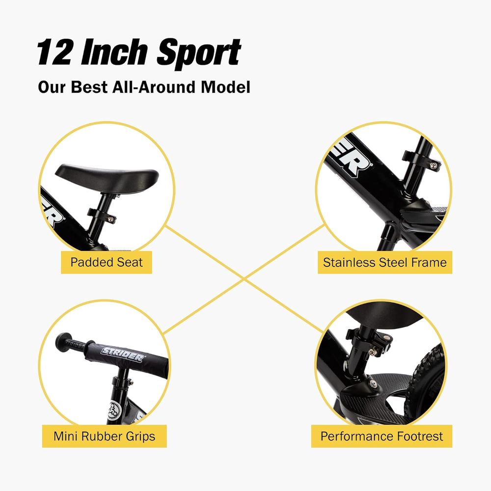 Strider - 12” Sport No Pedal Balance Bicycle - Black