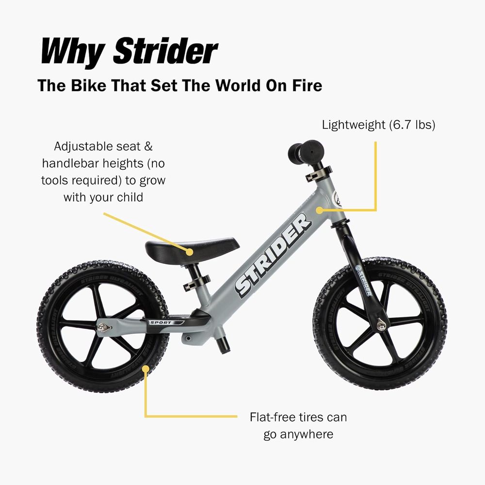 Strider 12” Sport Bike - No Pedal Balance Bicycle  - Grey