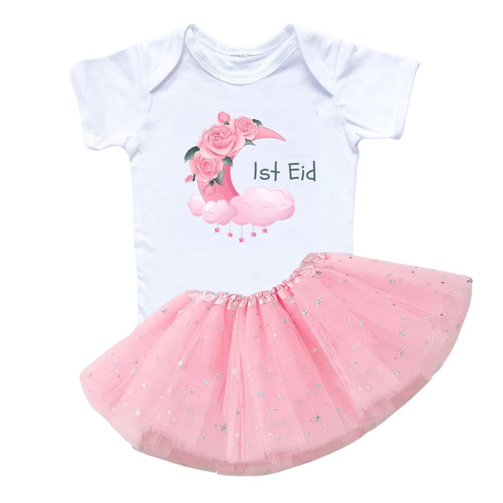 Matching Family 1st Eid Baby Romper and Skirt Set White - Pink