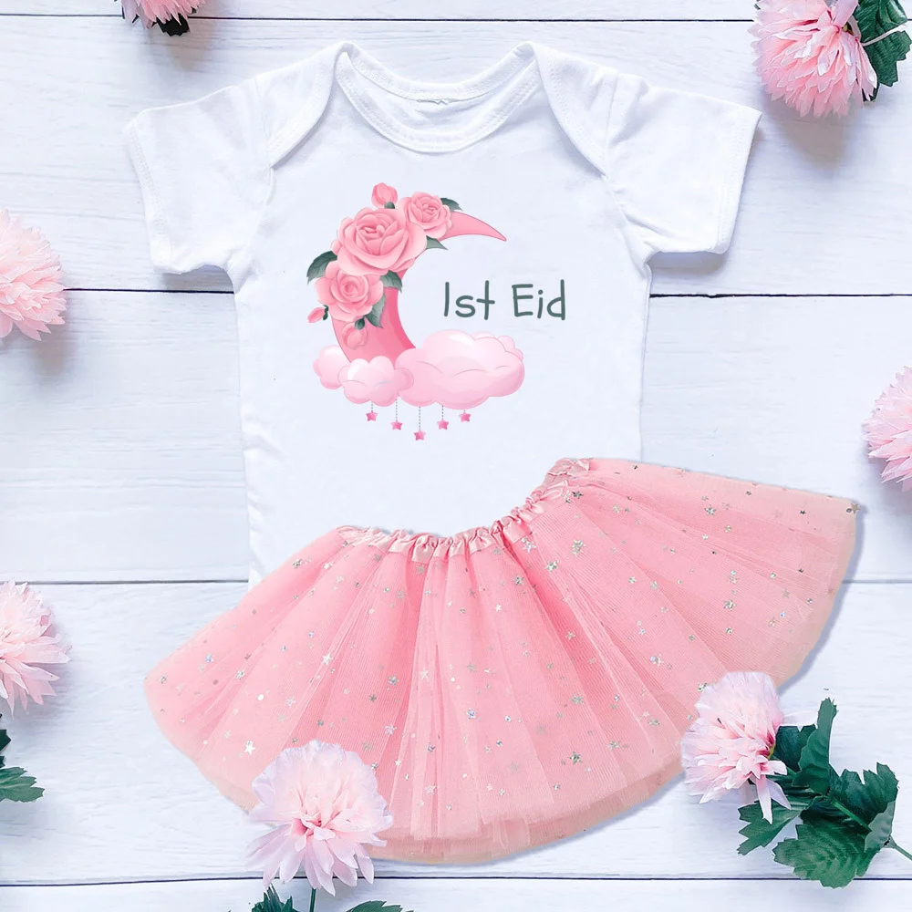Matching Family 1st Eid Baby Romper and Skirt Set White - Pink