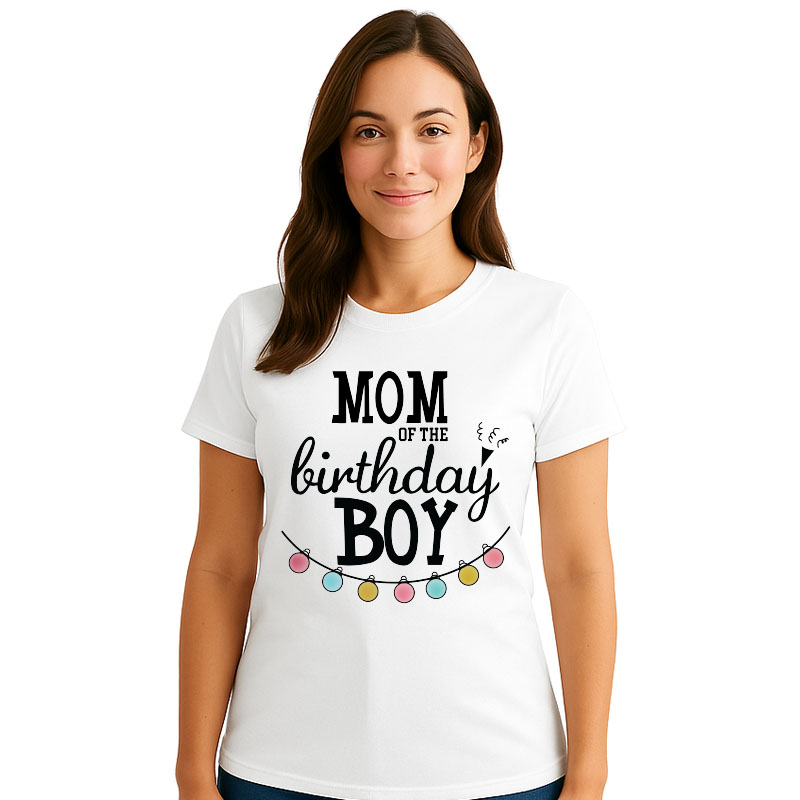 Matching Family Mom of the Birthday Boy Printed T-Shirt - White