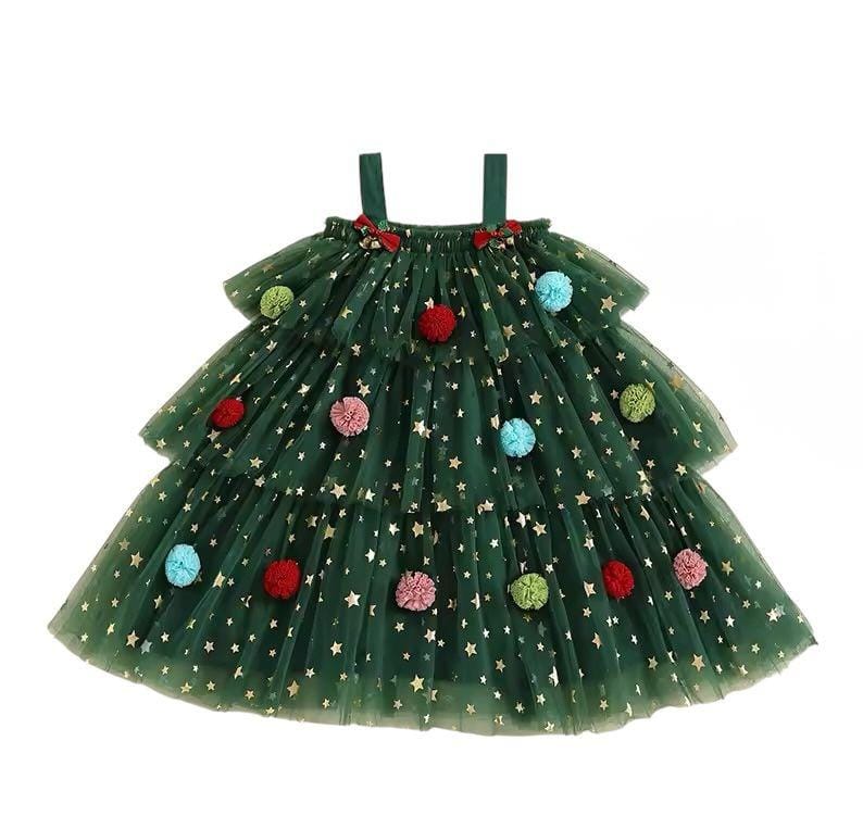 Matching Family Girl's Ruffle Christmas Frock - Green