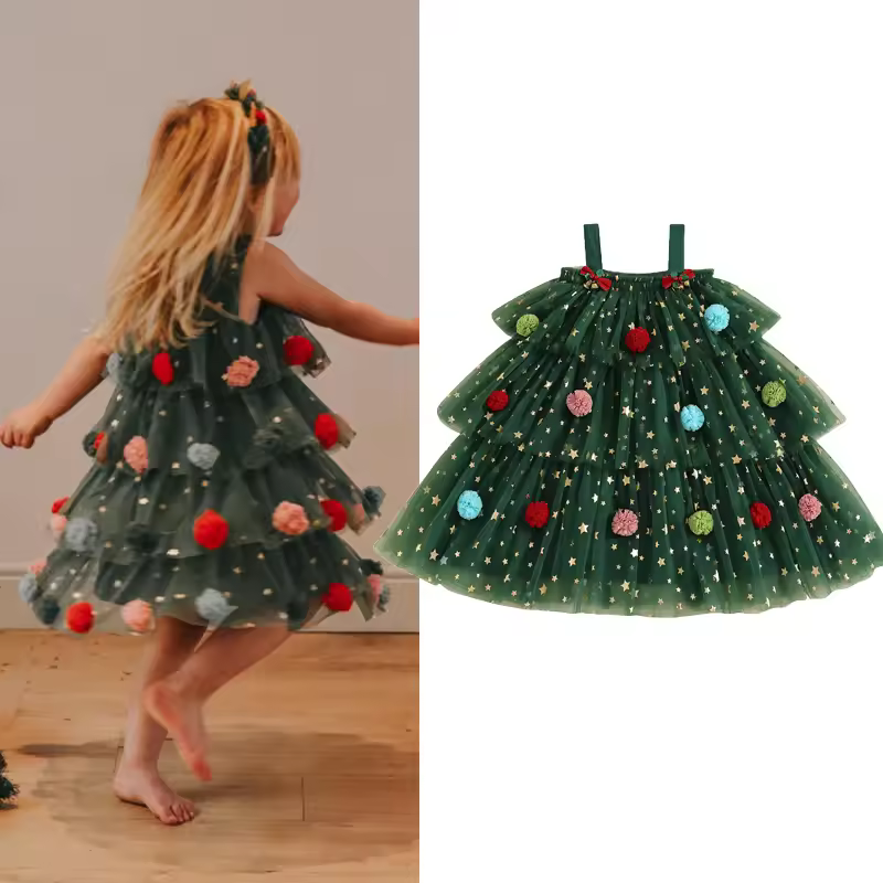 Matching Family Girl's Ruffle Christmas Frock - Green