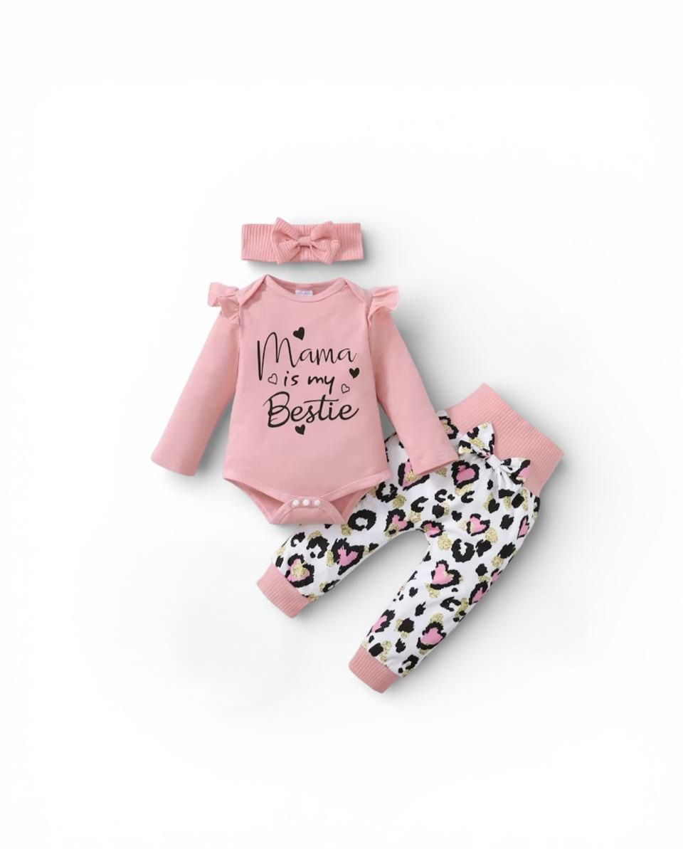Matching Family Mama Is My Bestie Printed Romper, Pants & Headband - Pink - 3 Pcs