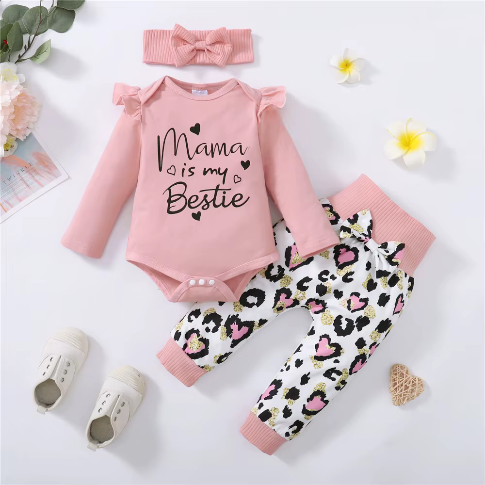 Matching Family Mama Is My Bestie Printed Romper, Pants & Headband - Pink - 3 Pcs