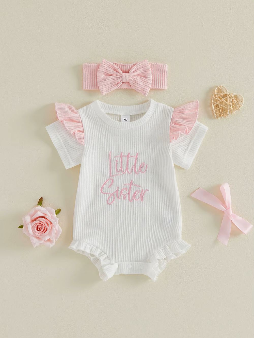 Matching Family Outfits - 2pc-Set - Little Sister Baby Romper And Headband - White