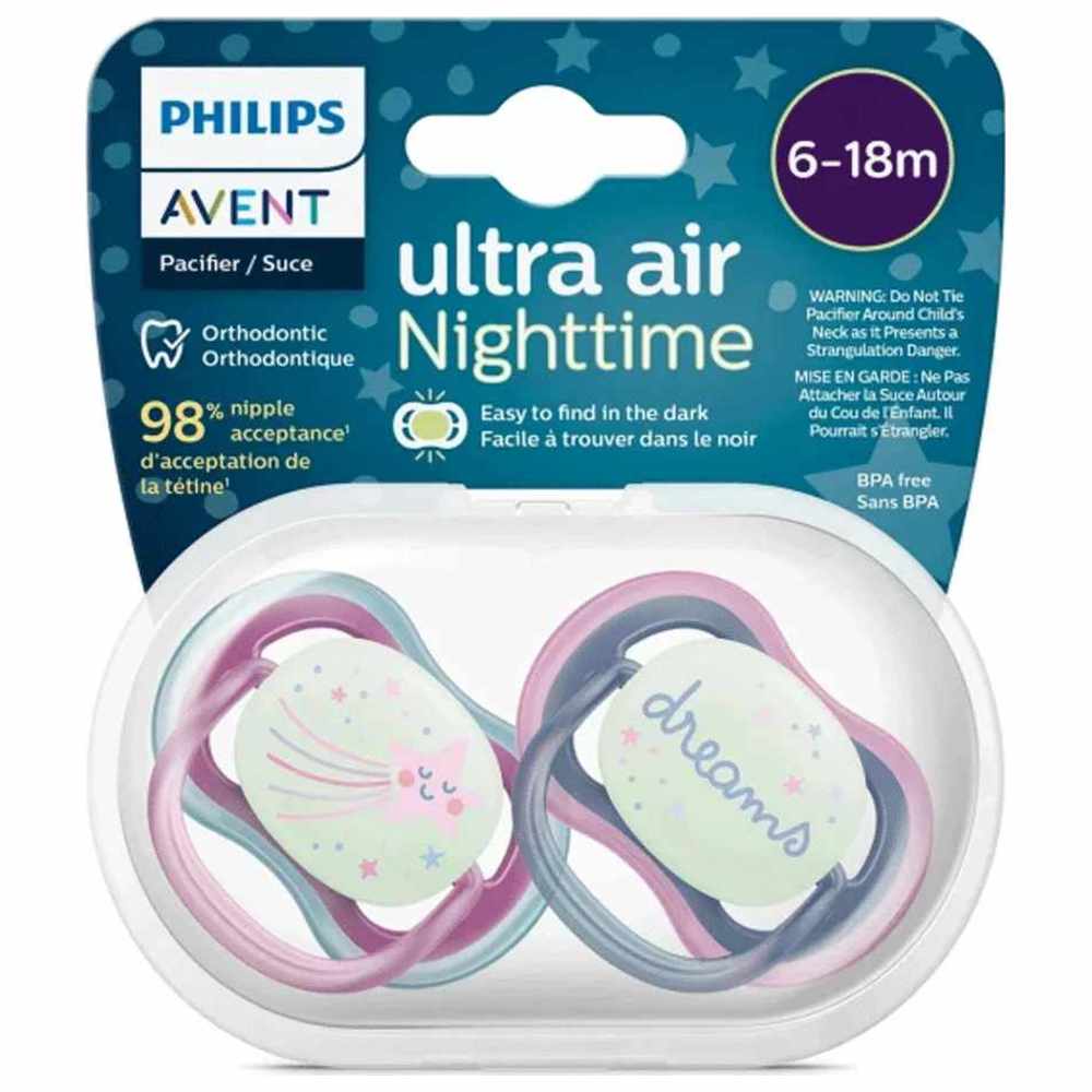 Philips Avent - Ultra Air Glow In The Dark Night Soother - 6-18 M - Pink - 2 Pcs
