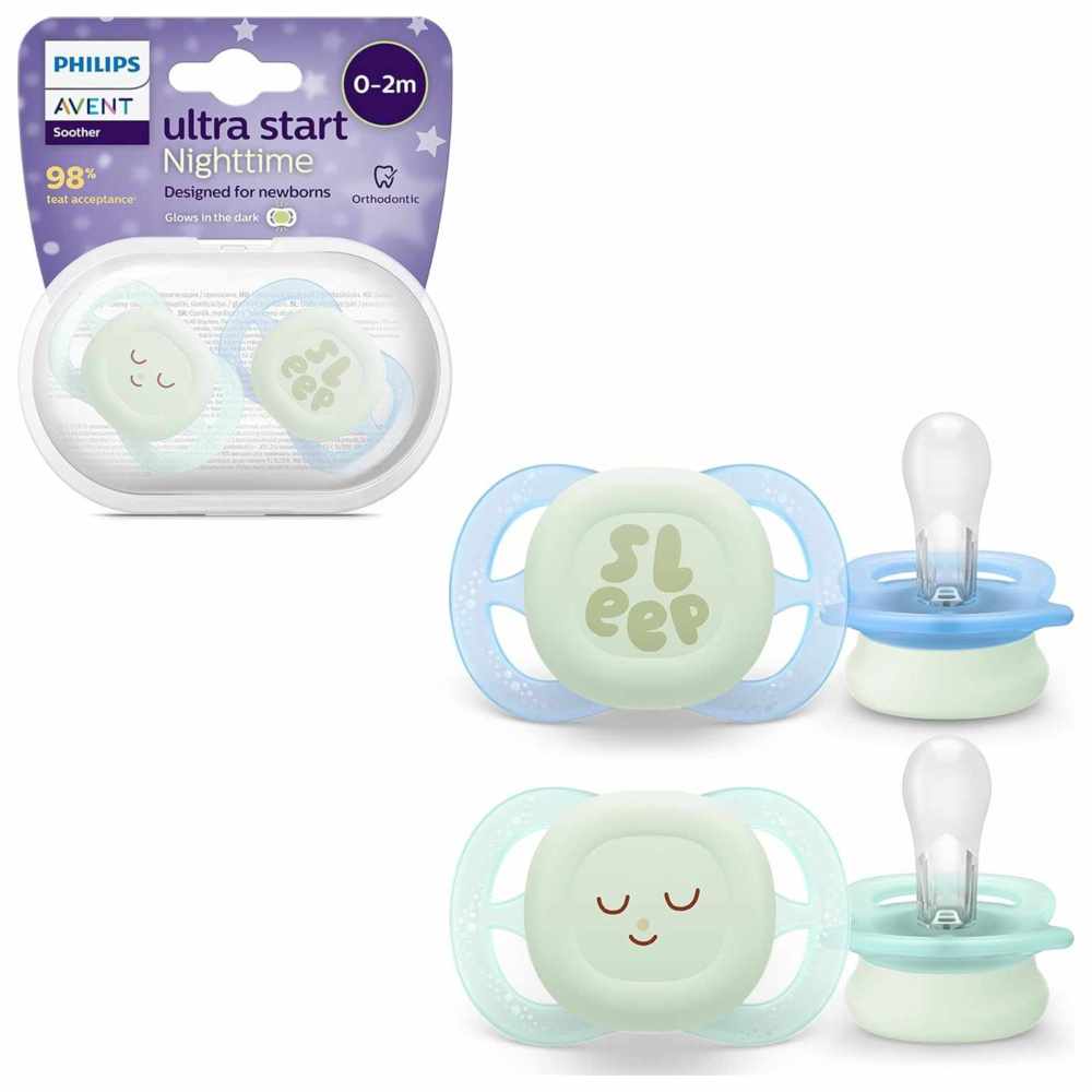 Philips Avent - Ultra Start Glow In The Dark Night Soother - 0-2 M - Blue - Pack of 2