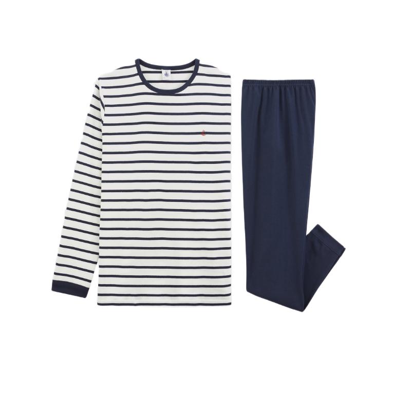 Petit Bateau Boy's Sailor Stripes Pyjama Top & Pants Marshmallow White/Smoking - Blue - 2 Pcs