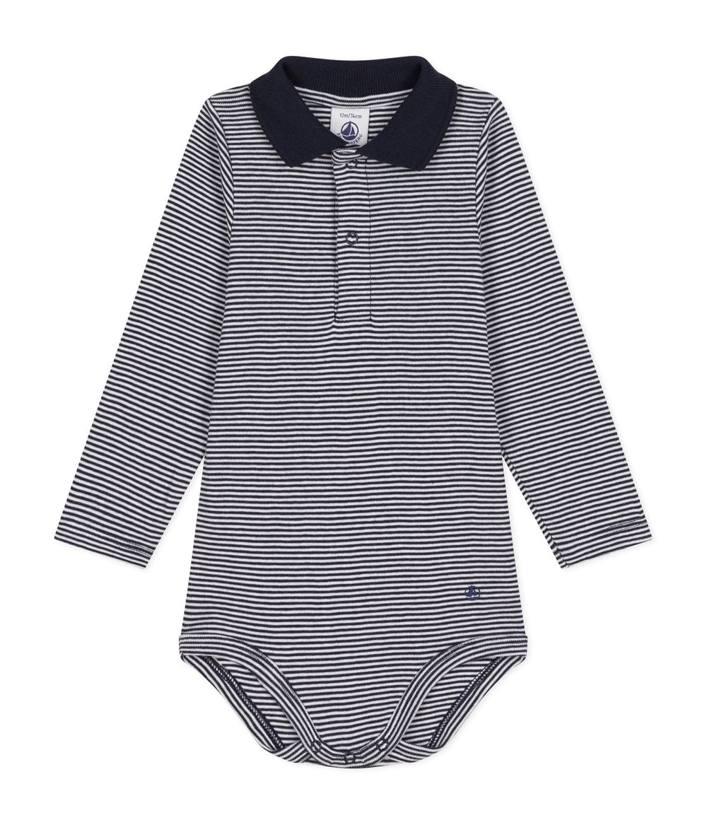 Petit Bateau - Baby Boy Stripy Cotton Collar Bodysuit - Smoking