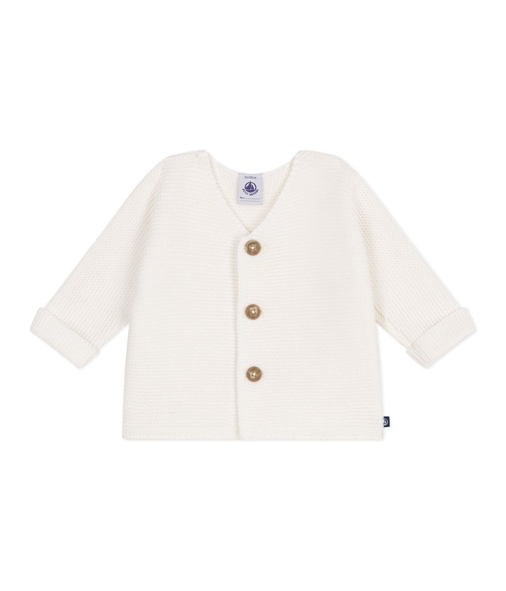 Petit Bateau Babies' Moss Stitch Cotton Cardigan Marshmallow - White