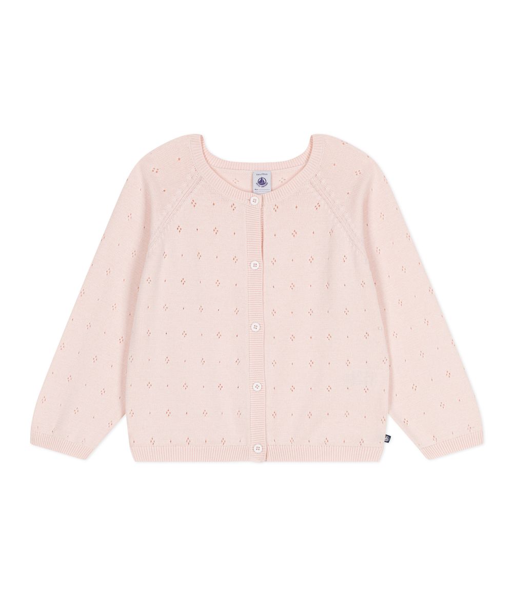 Petit Bateau Girl's Cotton Cardigan in a Decorative Stitch Fleur - Pink