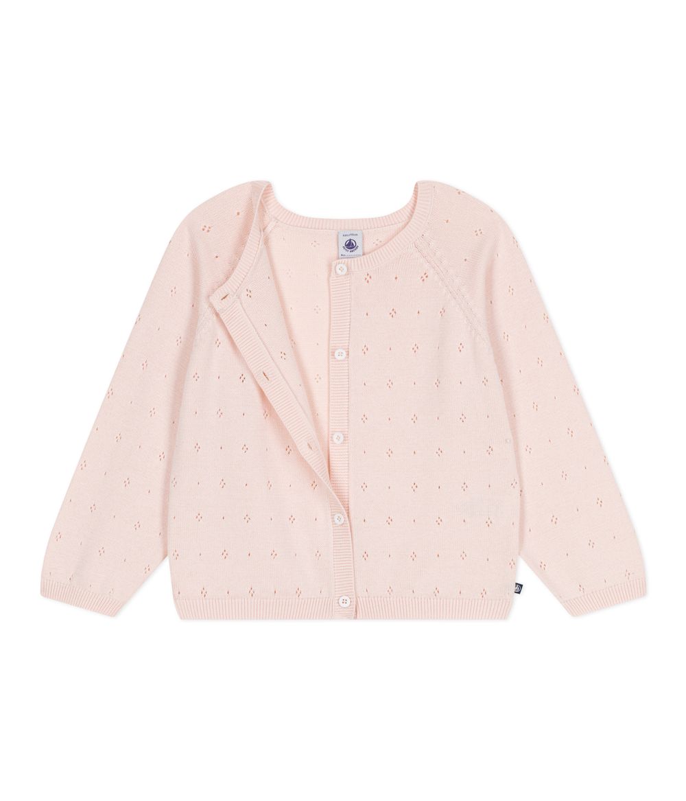 Petit Bateau Girl's Cotton Cardigan in a Decorative Stitch Fleur - Pink