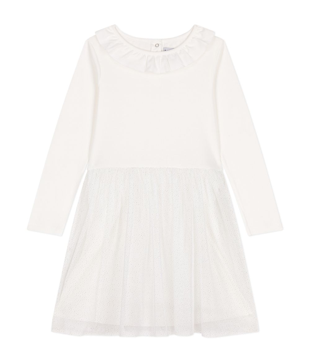 Petit Bateau Girls Rib Knit Tulle Dress Marshmallow - White