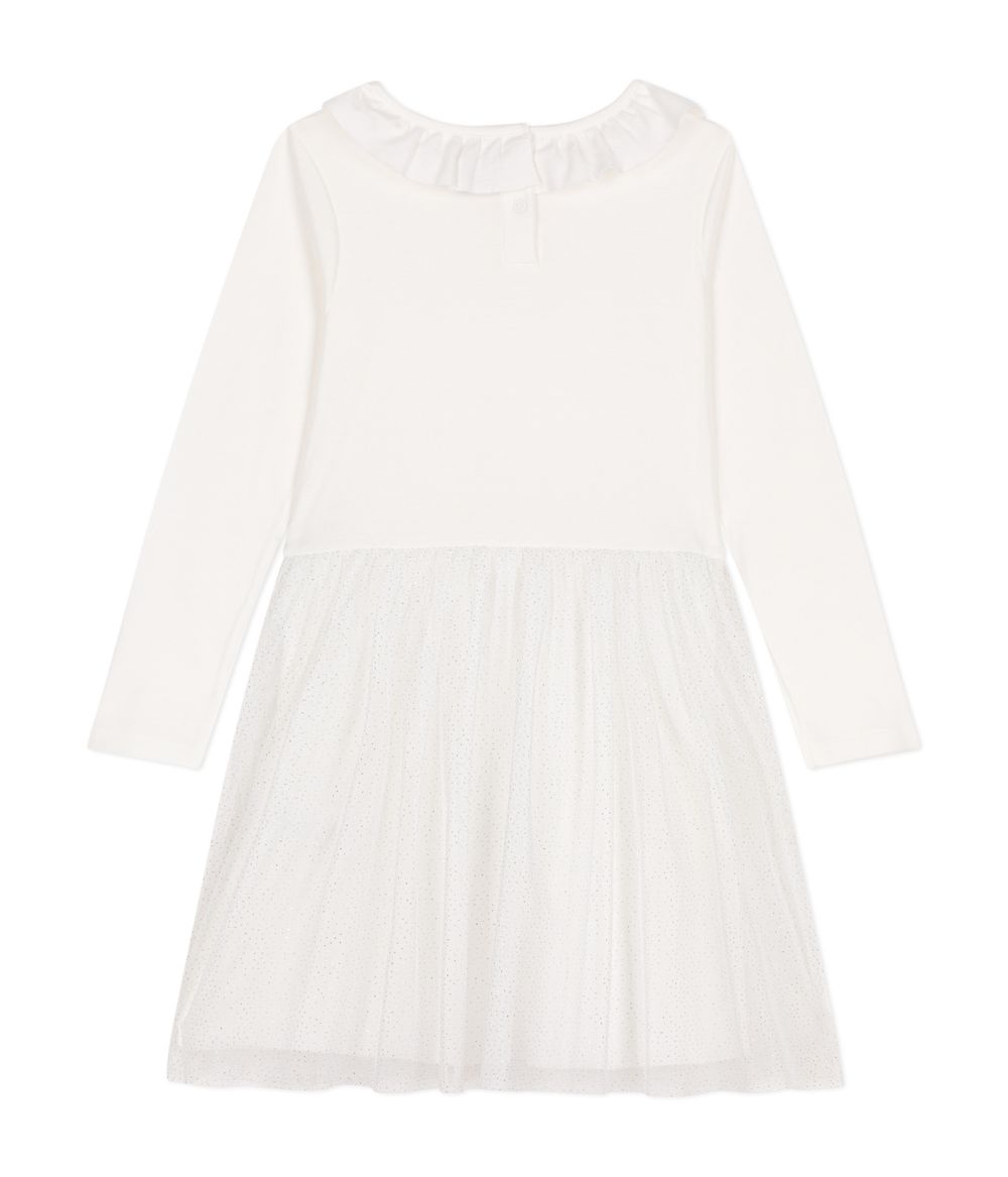 Petit Bateau Girls Rib Knit Tulle Dress Marshmallow - White