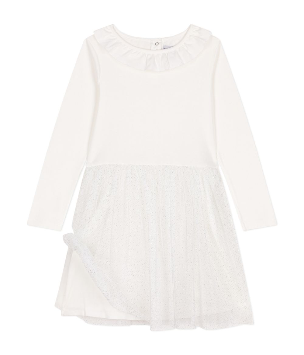 Petit Bateau Girls Rib Knit Tulle Dress Marshmallow - White