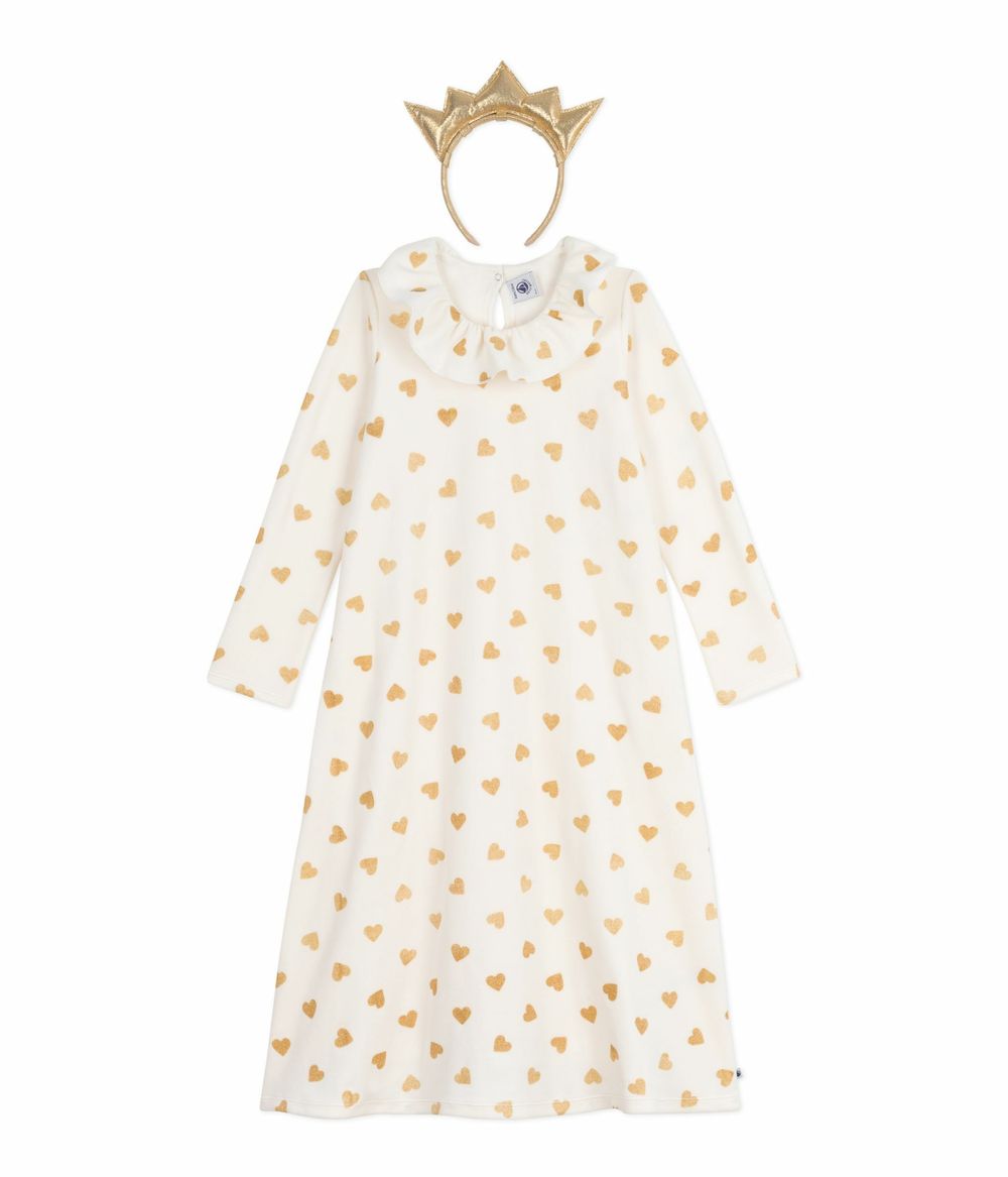 Petit Bateau Girl's Heart Printed Fancy Nightdress & Headband Milk/Dore - 2 Pcs