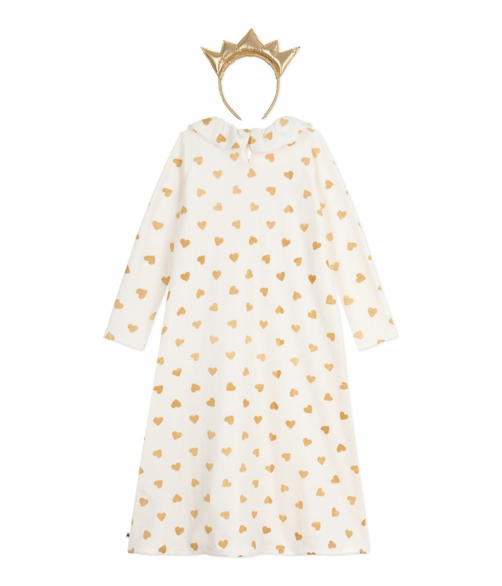 Petit Bateau Girl's Heart Printed Fancy Nightdress & Headband Milk/Dore - 2 Pcs