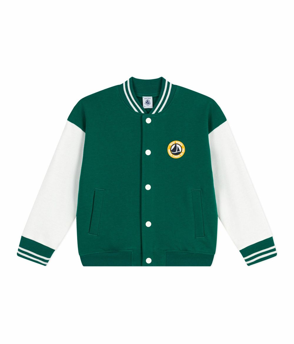 Petit Bateau Kids Varsity-Style Jacket in Plain Cotton Evergreen/Milk