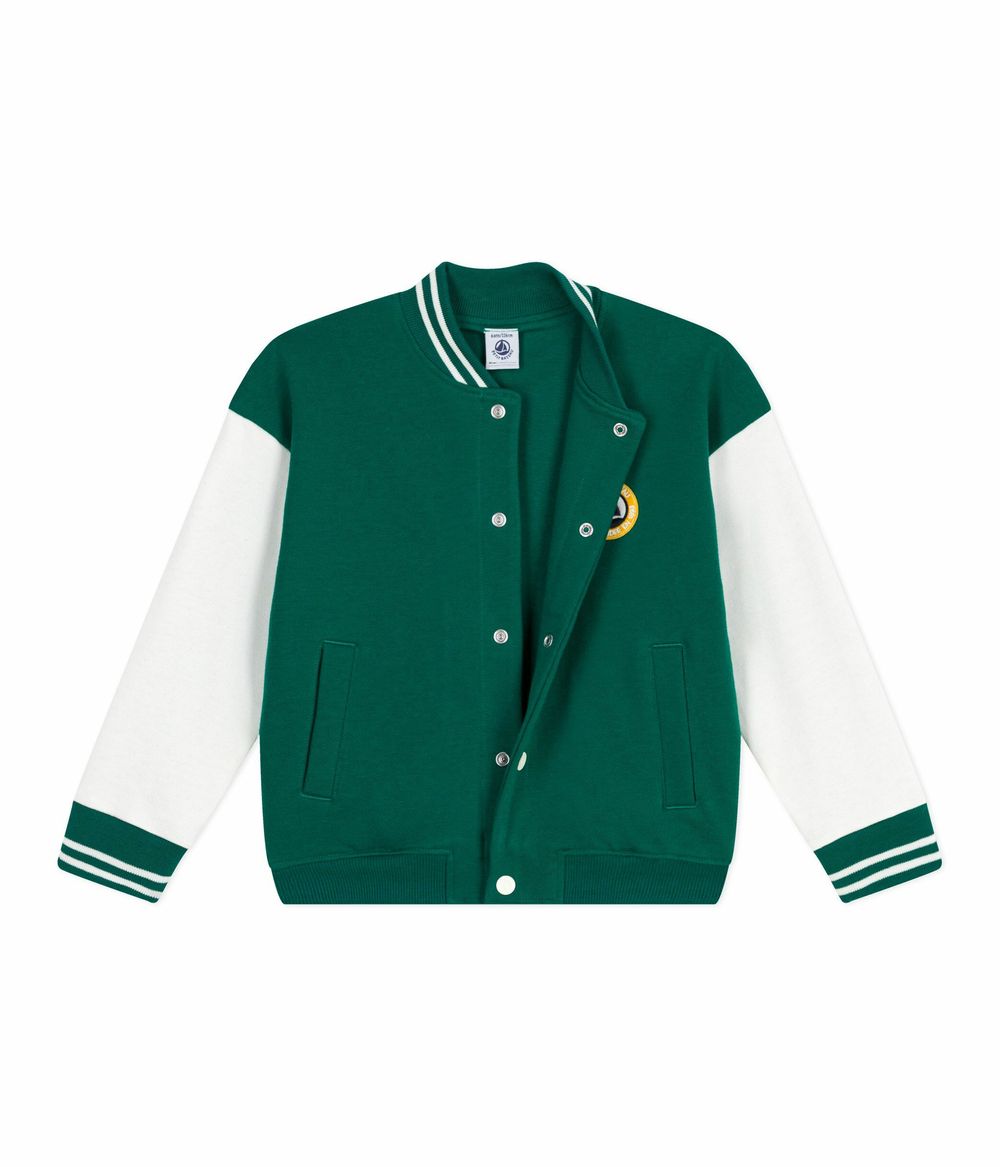 Petit Bateau Kids Varsity-Style Jacket in Plain Cotton Evergreen/Milk