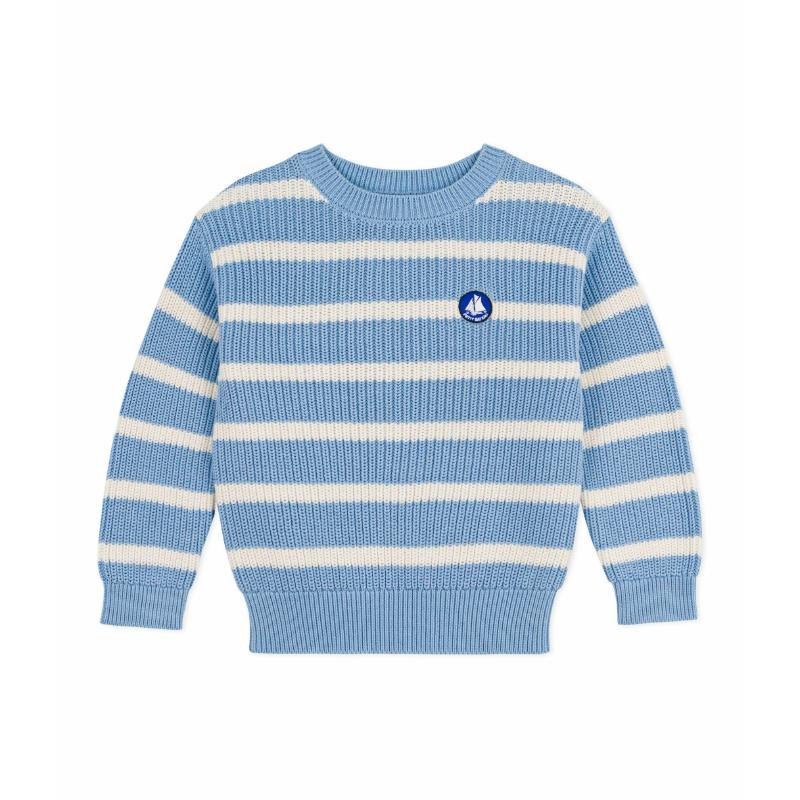 Petit Bateau Boy's Striped Knitted Jumper Flo Blue/Milk - White