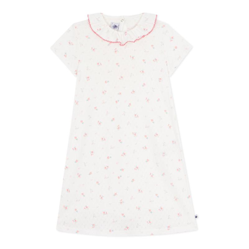 Petit Bateau Girl's Floral Print Openwork Nightdress Marshmallow - White