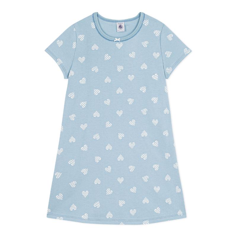 Petit Bateau Girl's Heart Printed Nightdress Mimi Green/Ecume - White