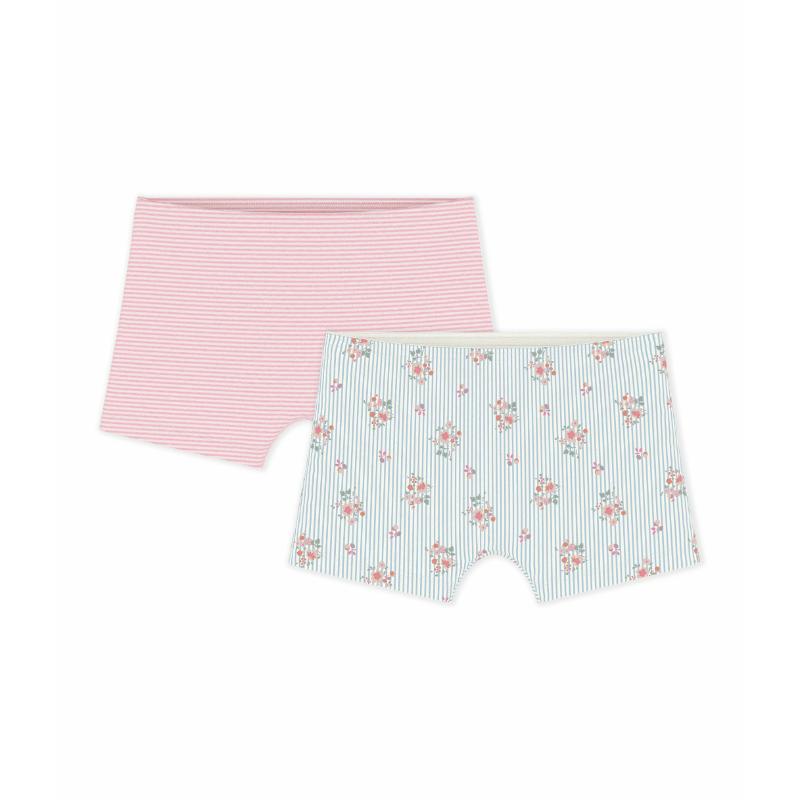 Petit Bateau Girl's Floral Print Long Shorties Blue/Pink - 2 Pcs