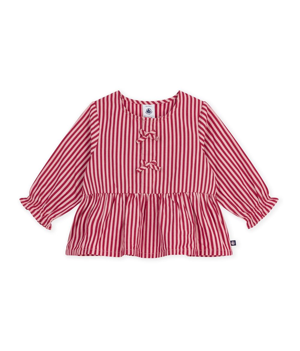 Petit Bateau - Baby Girl Long-Sleeved Stripy Cotton Blouse - Chili/Rose