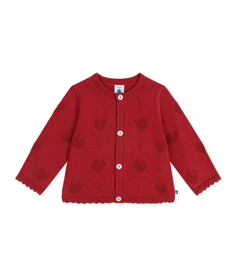 Petit Bateau - Baby Girl's Heart Pattern Cotton Cardigan - Chili