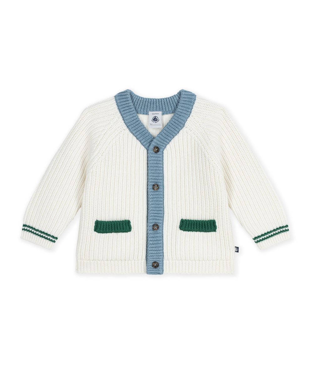 Petit Bateau - Baby Boy's Contrast Detail Knitted Cardigan - Marshmallow/Blue