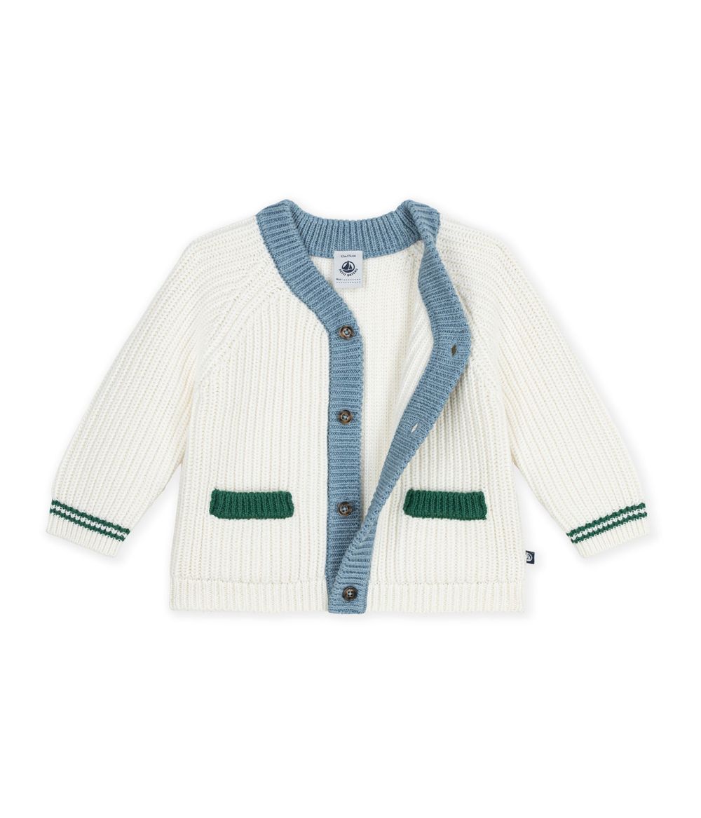 Petit Bateau - Baby Boy's Contrast Detail Knitted Cardigan - Marshmallow/Blue